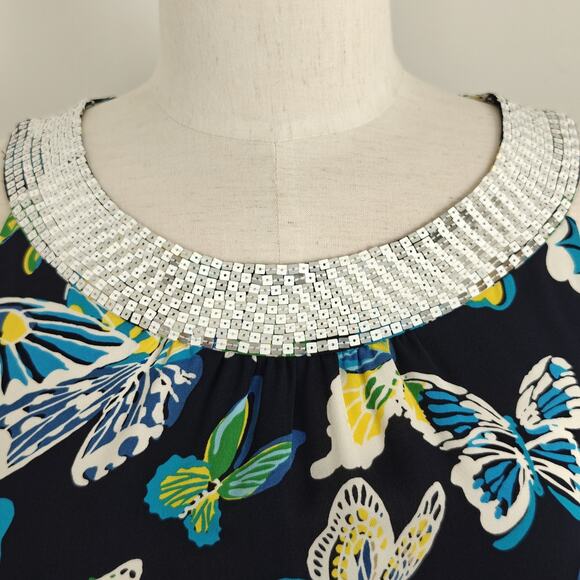 Tory Burch Silk Butterfly Print Dress Size 4 Sequin Neckline Lined Sleeveless - Picture 3 of 10